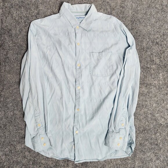 Tommy Bahama‎ Hawaiian Shirt Men L 70 Silk 30 Cotton Blue Tropical Button Down - Picture 1 of 7